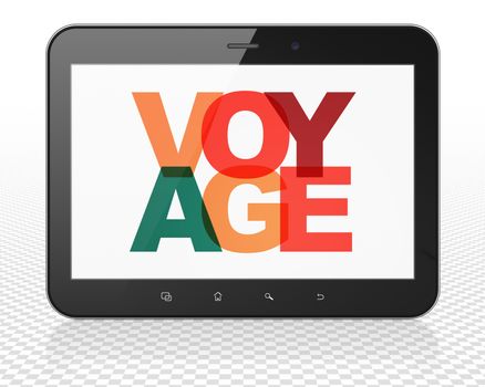 Tourism concept: Tablet Pc Computer with Painted multicolor text Voyage on display, 3D rendering