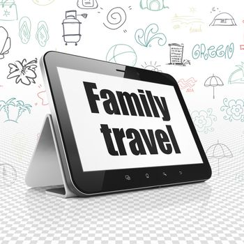 Vacation concept: Tablet Computer with  black text Family Travel on display,  Hand Drawn Vacation Icons background, 3D rendering