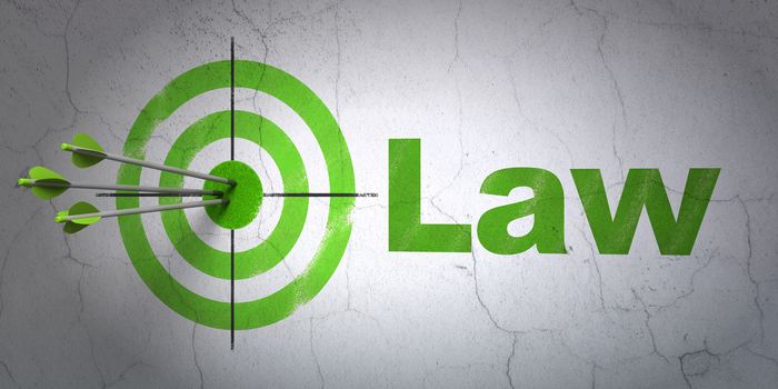 Success law concept: arrows hitting the center of target, Green Law on wall background, 3D rendering