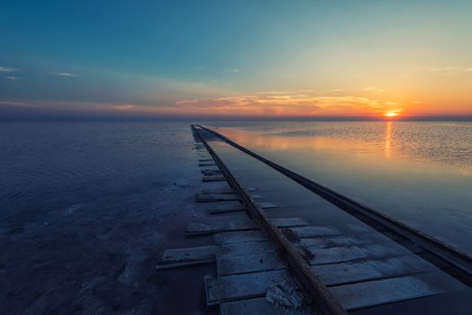 Beauty sunset on salty lake in Altay, Siberia, Russia