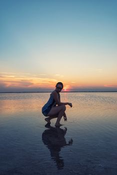 Beauty sunset on salty lake in Altay, Siberia, Russia