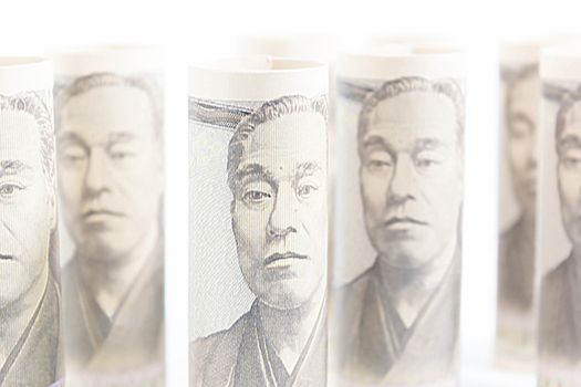 Roll Up Of Money Yen Banknote On Vintage Wooden Background, Business And Finance Concepts, Banknotes Stacked On Each Other In Different Positions