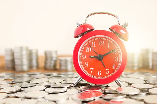 Image Of Coins With Red Fashioned Alarm Clock For Display Planning Money Financial And Business Accounting Concept, Time Is Money Concept With Clock And Coins, Time To Work At Make Money, Vintage Color Tone