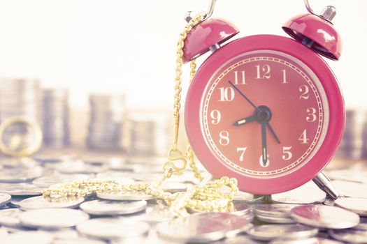 Image Of Coins With Red Fashion Alarm Clock And Gold Necklace For Display Planning Money Financial And Business Accounting Concept, Time Is Money Concept With Clock And Coins, Time To Work At Make Money, Vintage Color Tone