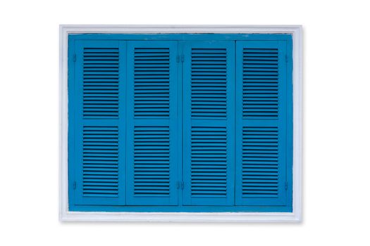 Vintage Blue Window Isolated On White Background, Old Louver Window.