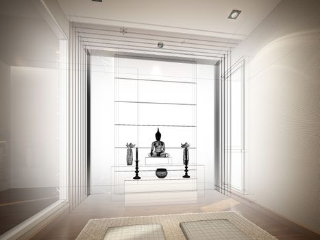 sketch design of interior buddha room