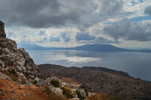 Panorama of the ocean and mountains from the western heights of Crete