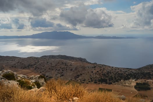 Panorama of the ocean and mountains from the western heights of Crete