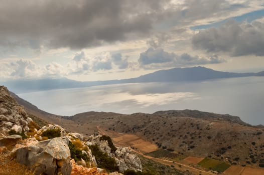 Panorama of the ocean and mountains from the western heights of Crete