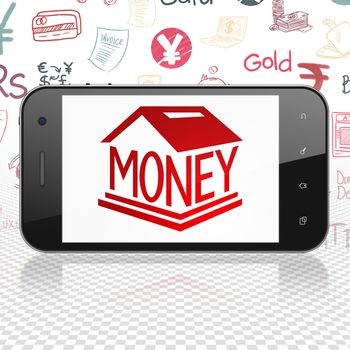 Money concept: Smartphone with  red Money Box icon on display,  Hand Drawn Finance Icons background, 3D rendering