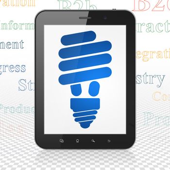Business concept: Tablet Computer with  blue Energy Saving Lamp icon on display,  Tag Cloud background, 3D rendering