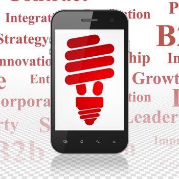 Finance concept: Smartphone with  red Energy Saving Lamp icon on display,  Tag Cloud background, 3D rendering