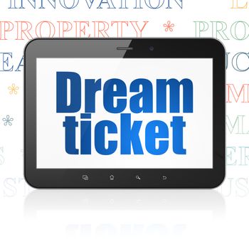 Finance concept: Tablet Computer with  blue text Dream Ticket on display,  Tag Cloud background, 3D rendering