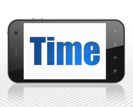 Timeline concept: Smartphone with blue text Time on display, 3D rendering