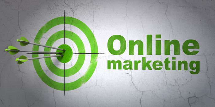 Success advertising concept: arrows hitting the center of target, Green Online Marketing on wall background, 3D rendering