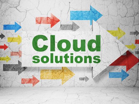 Cloud networking concept:  arrow with Cloud Solutions on grunge textured concrete wall background, 3D rendering