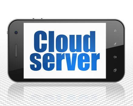 Cloud networking concept: Smartphone with blue text Cloud Server on display, 3D rendering