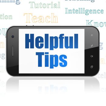 Education concept: Smartphone with  blue text Helpful Tips on display,  Tag Cloud background, 3D rendering