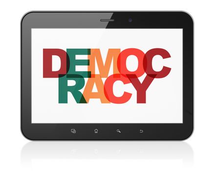 Political concept: Tablet Computer with Painted multicolor text Democracy on display, 3D rendering