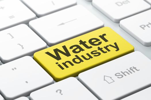 Manufacuring concept: computer keyboard with word Water Industry, selected focus on enter button background, 3D rendering