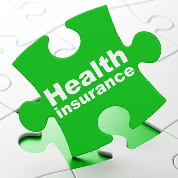 Insurance concept: Health Insurance on Green puzzle pieces background, 3D rendering