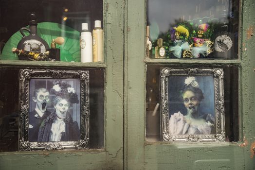 Halloween decorations on a shop window in New Orleans LA