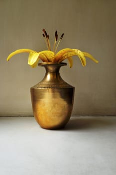 yellow lily in a vintage indian copper jar