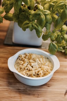 Delicious and fresh pasta on white plate on wooden board in the kitchen. Cooking concept.
