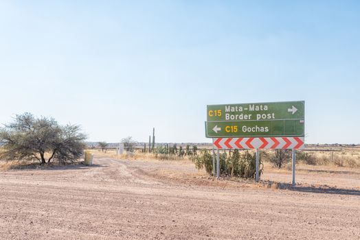 The directional signboard at the junction between the C15 and C17-roads in the south-eastern part of Namibia