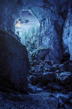 Cetatile cave in romania. Natural citadel sculpted by river in romanian mountains at night in ful moon light