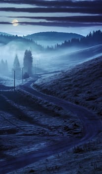 rural landscape. curve road to conifer forest in fog through  hillside meadow  in high mountains at night in full moon light