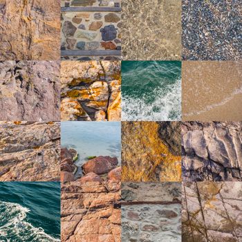collage of stone and water textures from sea travel