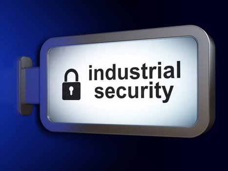 Security concept: Industrial Security and Closed Padlock on advertising billboard background, 3D rendering