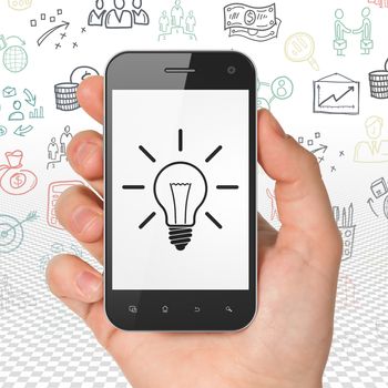 Business concept: Hand Holding Smartphone with  black Light Bulb icon on display,  Hand Drawn Business Icons background, 3D rendering
