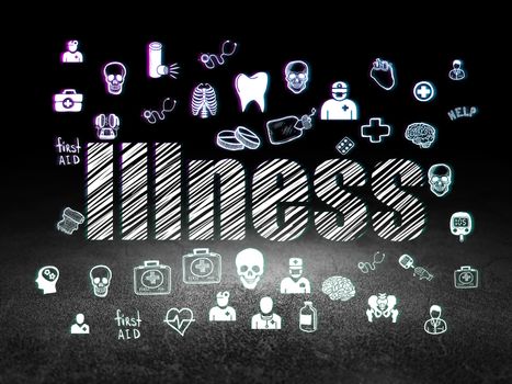Health concept: Glowing text Illness,  Hand Drawn Medicine Icons in grunge dark room with Dirty Floor, black background