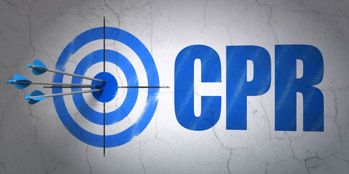 Success Medicine concept: arrows hitting the center of target, Blue CPR on wall background, 3D rendering