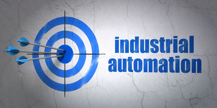 Success Industry concept: arrows hitting the center of target, Blue Industrial Automation on wall background, 3D rendering