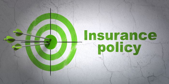 Success Insurance concept: arrows hitting the center of target, Green Insurance Policy on wall background, 3D rendering