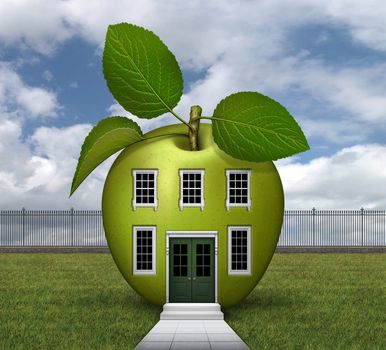 3D illustration of green apple shaped house with windows, doors, lawn, fence, steps, and sidewalk.