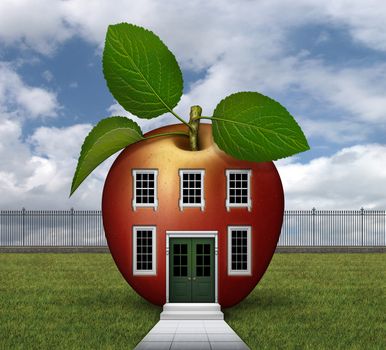 3D illustration of red apple shaped house with windows, doors, lawn, fence, steps, and sidewalk.