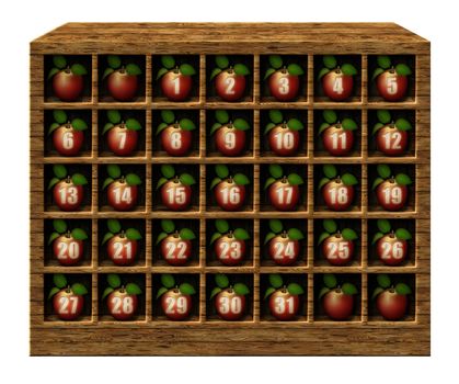 3D illustration of calendar numbered apples displayed in wooden cubicles.