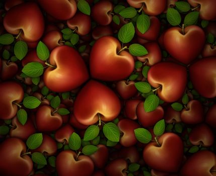 3D illustration of a dozens of red heart shaped apples arranged in clover like three part groupings.