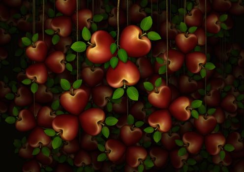 3D illustration of a dozens of red heart shaped apples arranged in clusters of three.