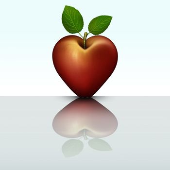 3D illustration of a red heart shaped apple mirrored on a reflective table top.