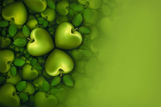 3D illustration of green heart shaped apples arranged in clover like three part groupings; faded to  a blank green background.