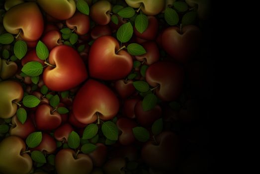 3D illustration of red heart shaped apples arranged in clover like three part groupings; faded to  a black background.