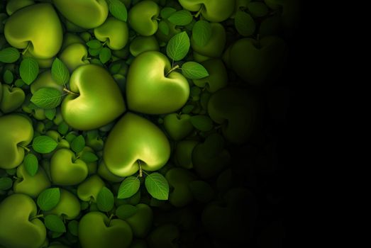 3D illustration of green heart shaped apples arranged in clover like three part groupings; faded to  a black background.