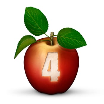 3D illustration of an apple with the number 4 bitten out of it.