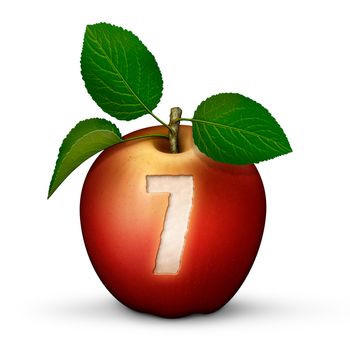 3D illustration of an apple with the number 7 bitten out of it.