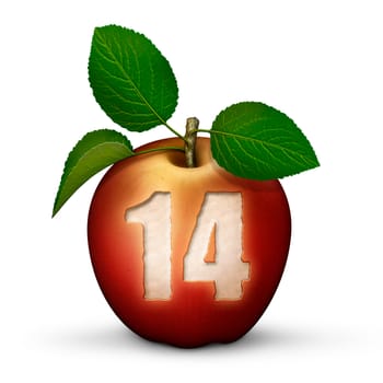 3D illustration of an apple with the number 14 bitten out of it.